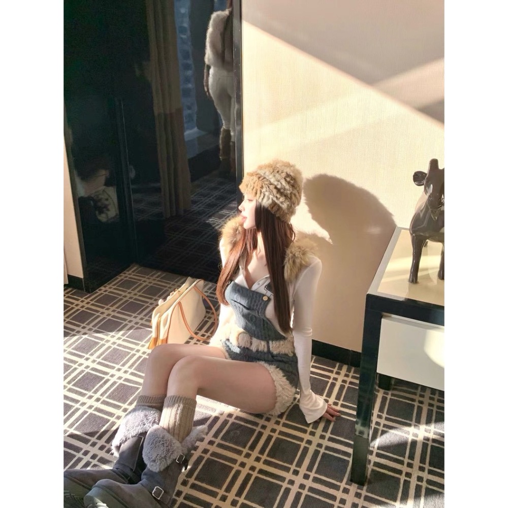 獨家針織牛仔感💙 連帽上衣x牛仔毛邊吊帶套裝-細節圖7