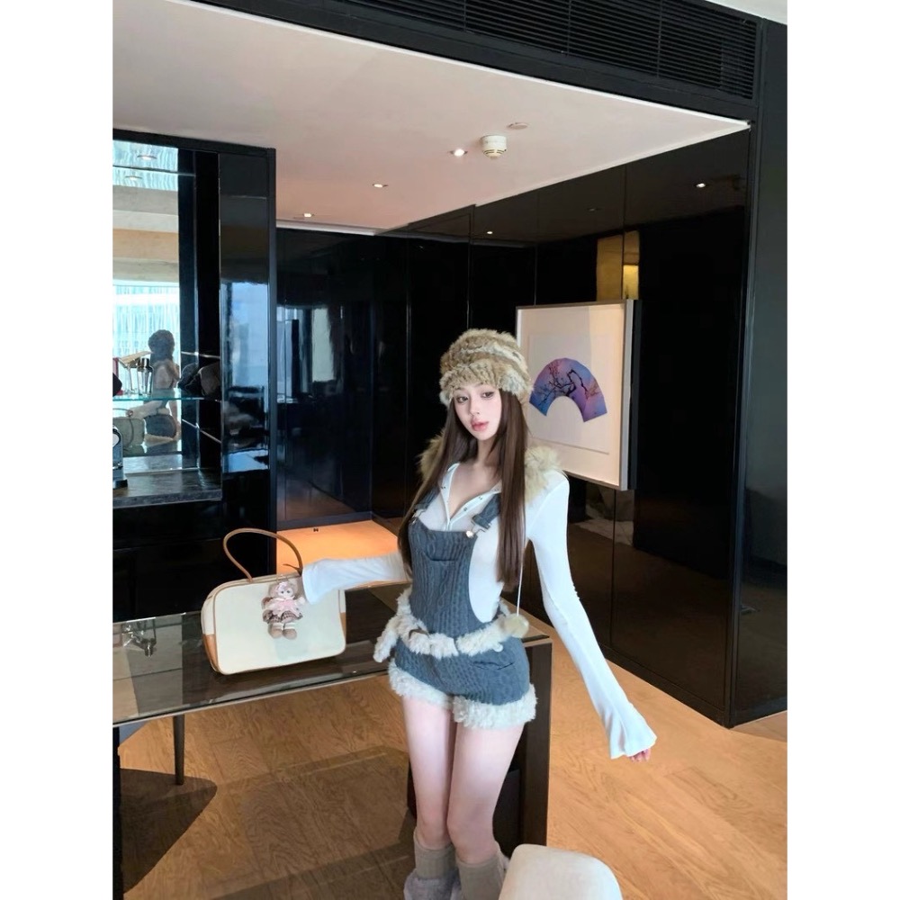 獨家針織牛仔感💙 連帽上衣x牛仔毛邊吊帶套裝-細節圖9