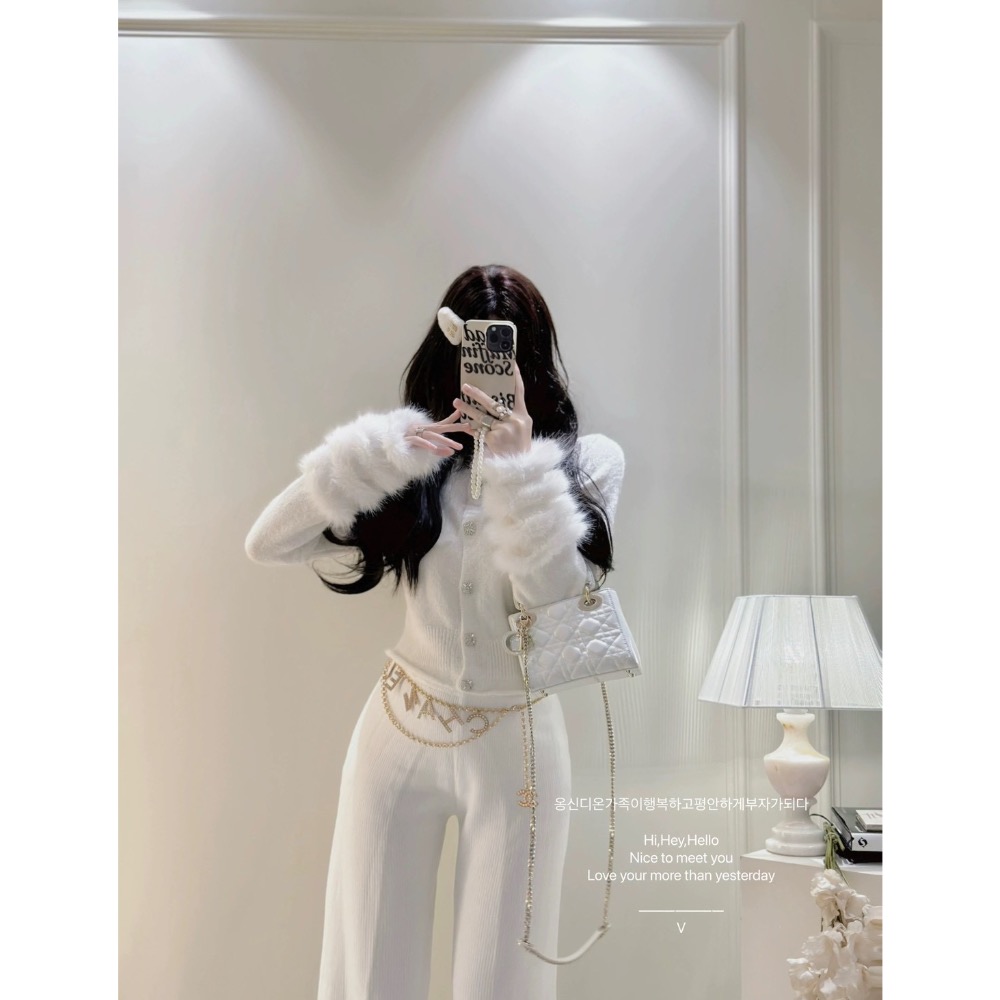 韓國高訂款🤍 溫柔奶白針織毛上衣x長褲套裝-細節圖2