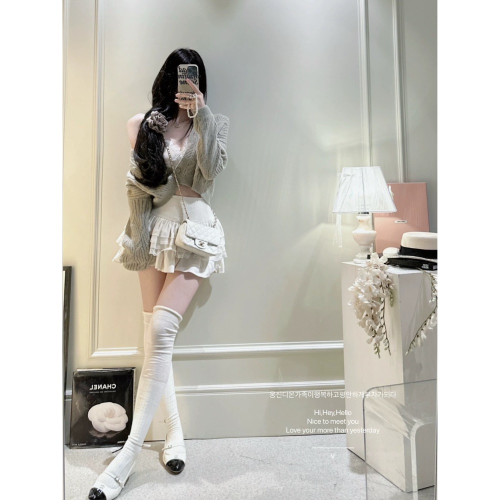 月下茶桂🩶 韓國馬海毛外套x蕾絲內搭x蛋糕短裙 三件套裝-細節圖2