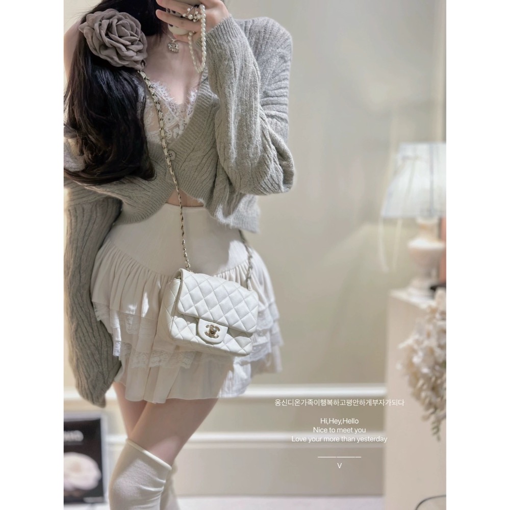 月下茶桂🩶 韓國馬海毛外套x蕾絲內搭x蛋糕短裙 三件套裝-細節圖5