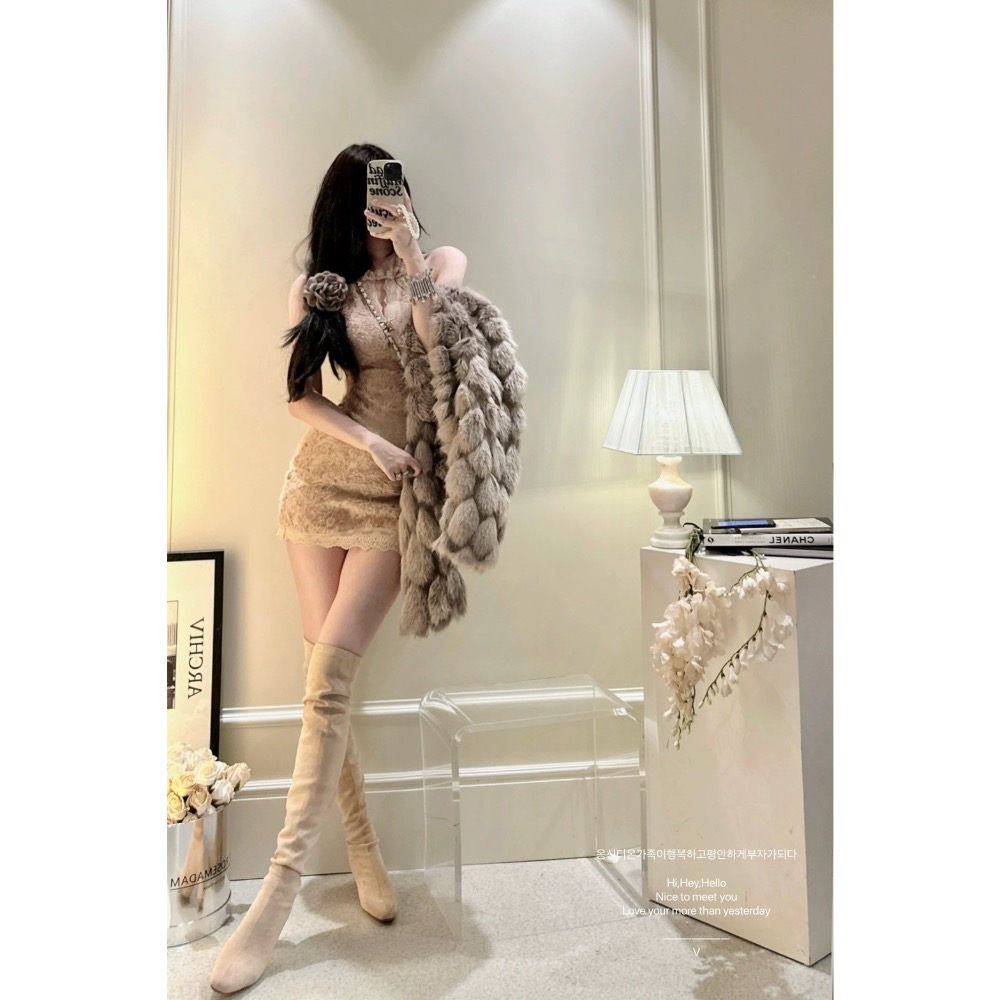 春季新品 奶栗可可🤎蕾絲奶杏連身裙-細節圖3