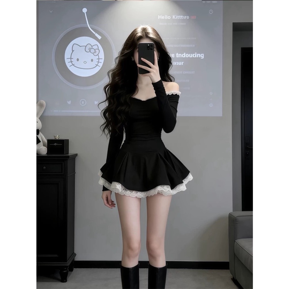 赫本風🖤一字肩連身裙-細節圖2