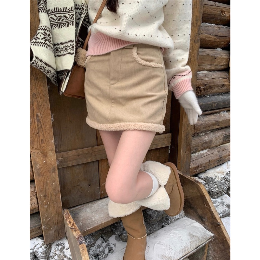 奶糖邊界🤎毛毛拼接燈芯絨短裙-細節圖3