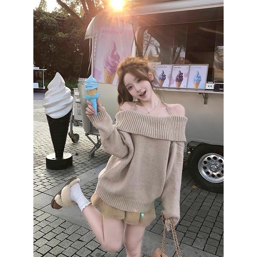 軟糖系🍦慵懶卡其一字領針織-細節圖2