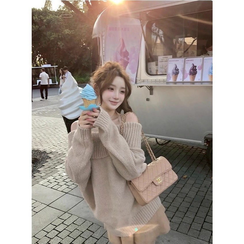 軟糖系🍦慵懶卡其一字領針織-細節圖3