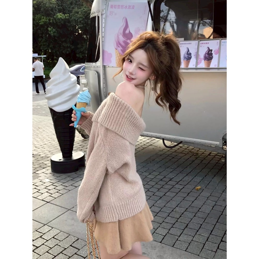 軟糖系🍦慵懶卡其一字領針織-細節圖4