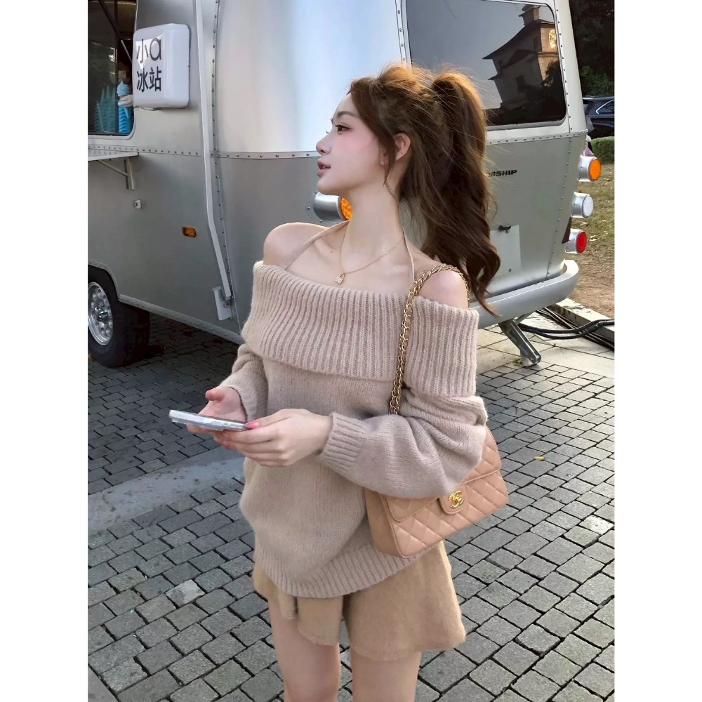 軟糖系🍦慵懶卡其一字領針織-細節圖5