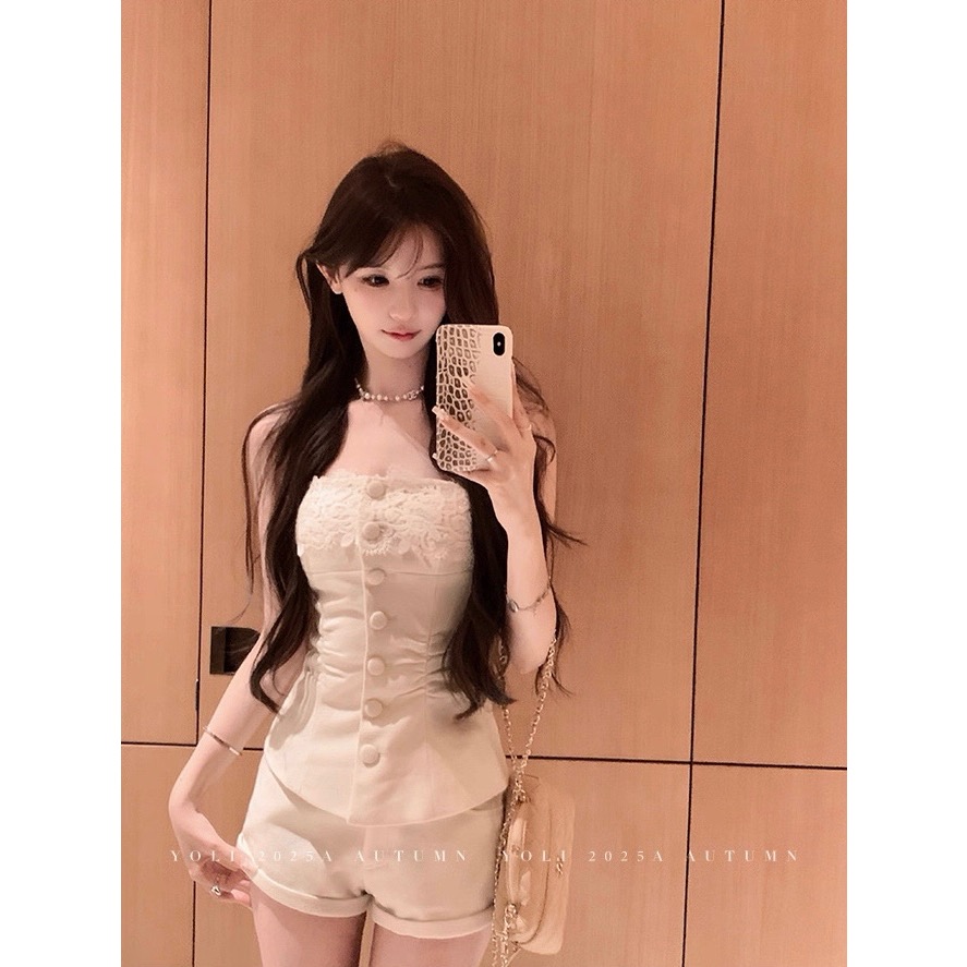 甜心摯愛🍰 蕾絲拼接平口背心x卷邊短褲套裝-細節圖4