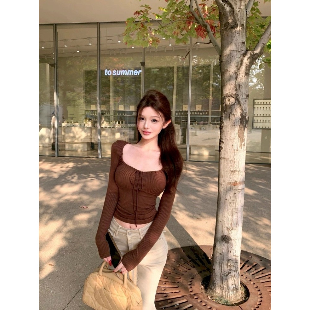 女神曲線💙方領綁帶針織上衣-細節圖8