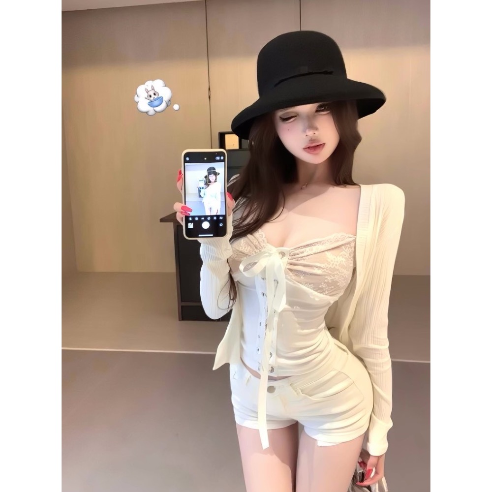 初戀綁帶🤍 甜辣蕾絲開衫外套x背心兩件式套裝-細節圖5