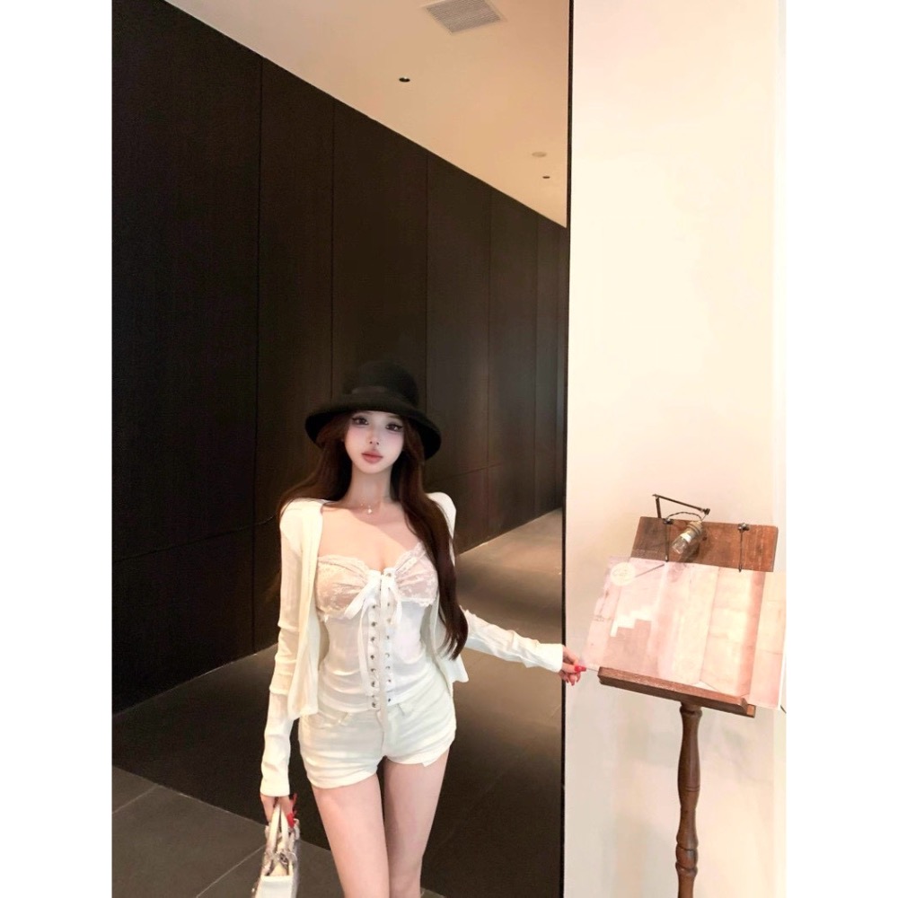 初戀綁帶🤍 甜辣蕾絲開衫外套x背心兩件式套裝-細節圖6