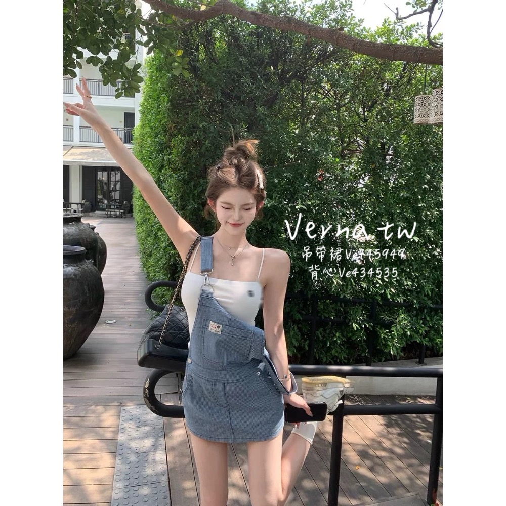 【丹寧少女】 牛仔背帶裙+胸墊背心-細節圖5