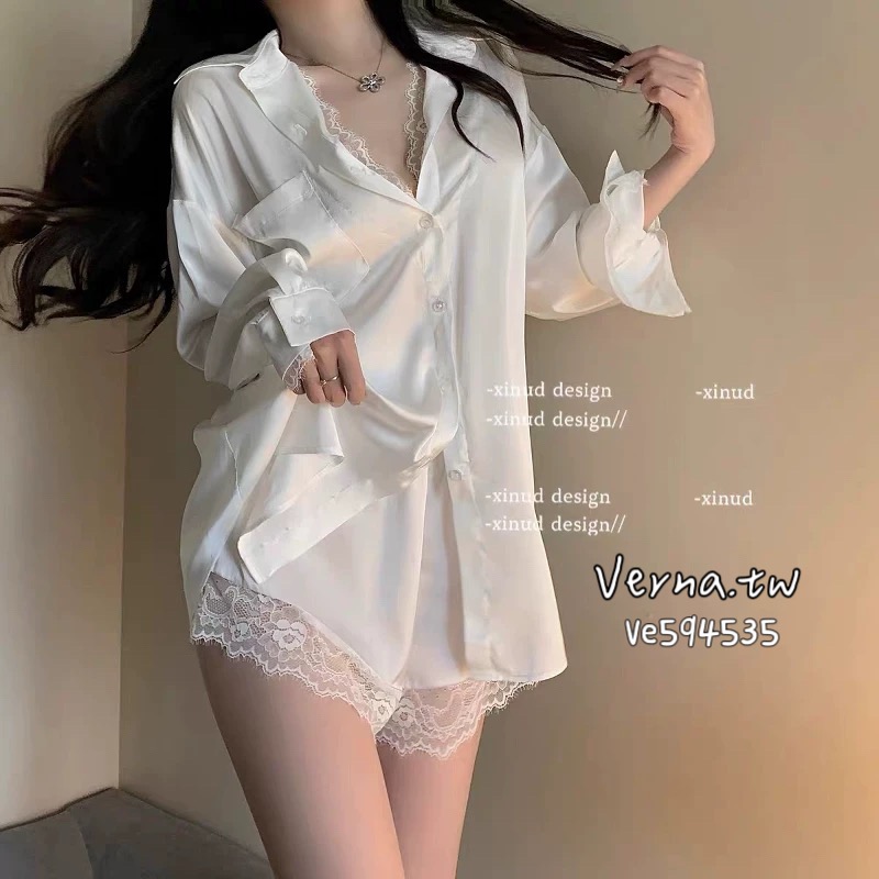 隱衫之欲‘𝓟𝓾𝓻𝓮 𝓛𝓪𝓬𝓮 🤍白色蕾絲家居套裝 兩件套 性感氣質 柔軟舒適 居家穿搭-細節圖5