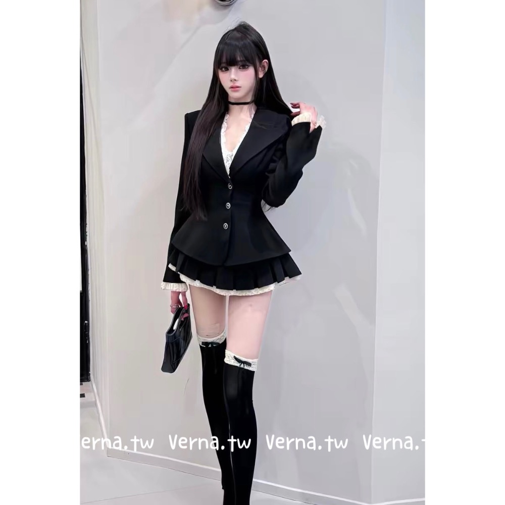 獨家爆款‘ 西裝蕾絲外套+短裙+飄帶-細節圖3