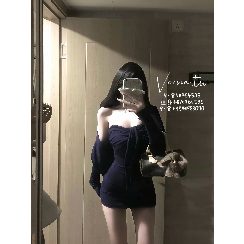 純欲氛圍 ‘𝓜𝓲𝓭𝓷𝓲𝓰𝓱𝓽 𝓑𝓸𝔀 🦋 深藍連身裙+小外套-細節圖5