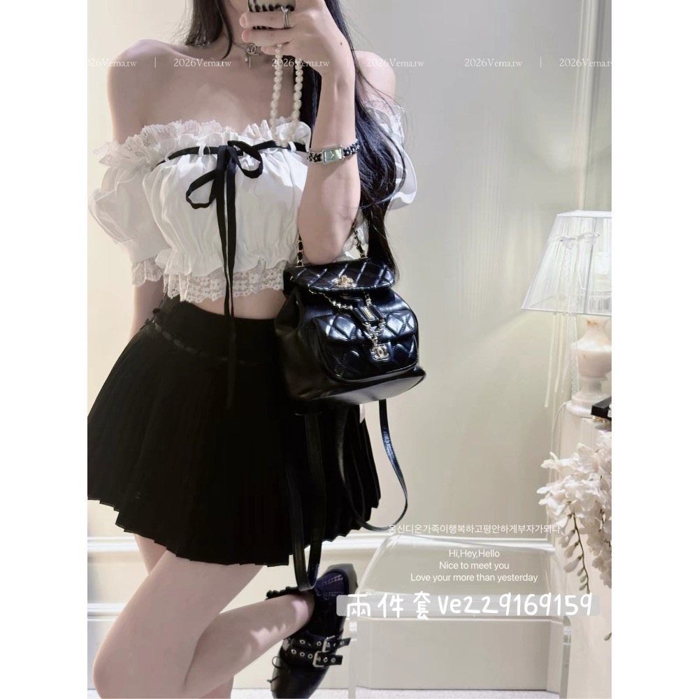 法式甜酷𝓑𝓵𝓪𝓬𝓴𝓡𝓲𝓫𝓫𝓸𝓷🖤蕾絲一字領上衣+百褶短裙-細節圖3