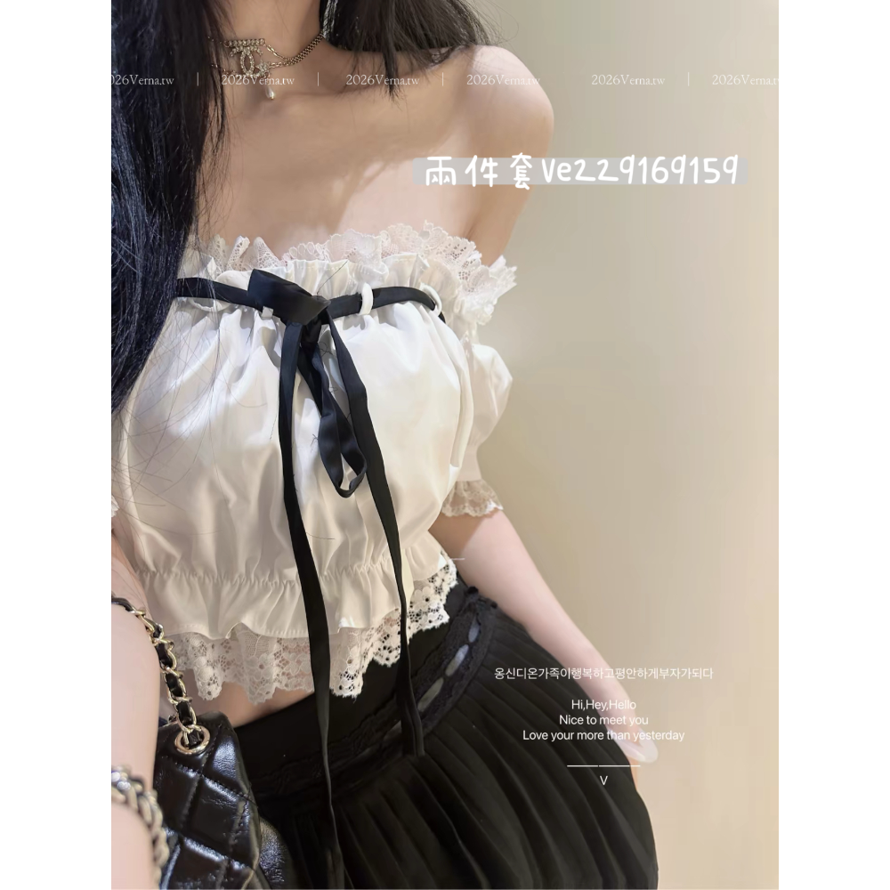 法式甜酷𝓑𝓵𝓪𝓬𝓴𝓡𝓲𝓫𝓫𝓸𝓷🖤蕾絲一字領上衣+百褶短裙-細節圖4