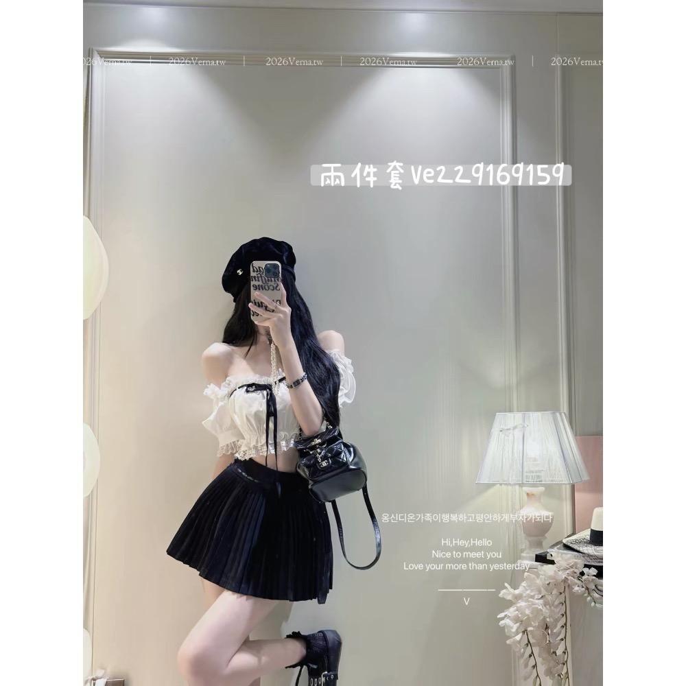 法式甜酷𝓑𝓵𝓪𝓬𝓴𝓡𝓲𝓫𝓫𝓸𝓷🖤蕾絲一字領上衣+百褶短裙-細節圖5