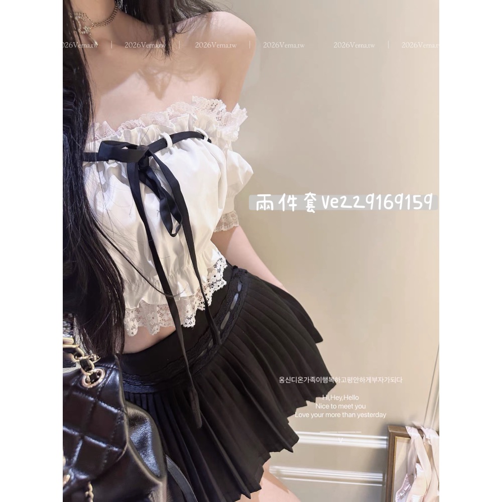 法式甜酷𝓑𝓵𝓪𝓬𝓴𝓡𝓲𝓫𝓫𝓸𝓷🖤蕾絲一字領上衣+百褶短裙-細節圖6