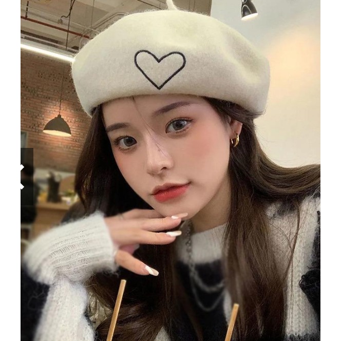 韓版簡約愛心刺繡貝雷帽女 時尚百搭貝雷帽 復古畫家帽 原宿風休閒貝雷帽 造型穿搭帽子女-細節圖2