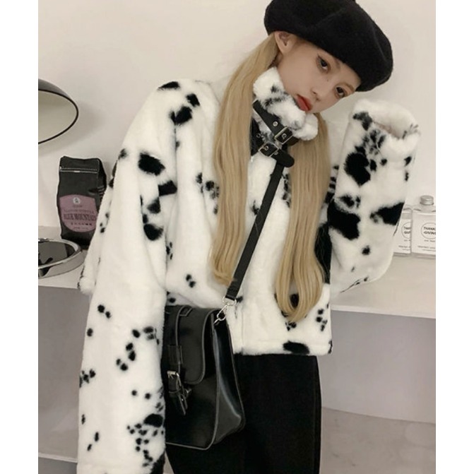 毛絨絨奧利奧短版外套 韓風chic 設計感保暖 甜酷少女風 日韓百搭 女裝外套 歐美簡約-細節圖2