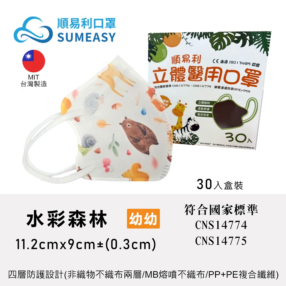 【獨家款式】順易利兒童立體醫療口罩 30入盒裝 10入袋裝  彈力耳繩 台灣製造 醫用口罩 3D立體-規格圖2