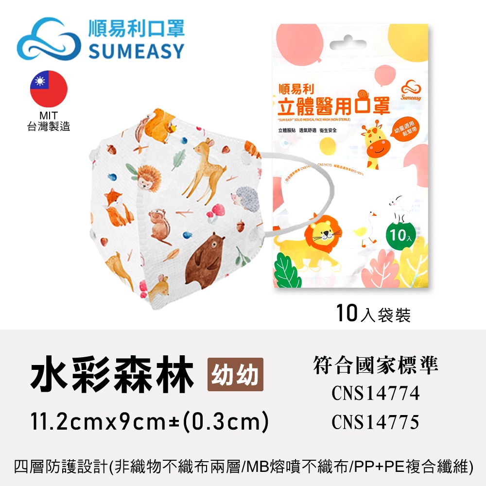 【獨家款式】順易利兒童立體醫療口罩 30入盒裝 10入袋裝  彈力耳繩 台灣製造 醫用口罩 3D立體-規格圖2