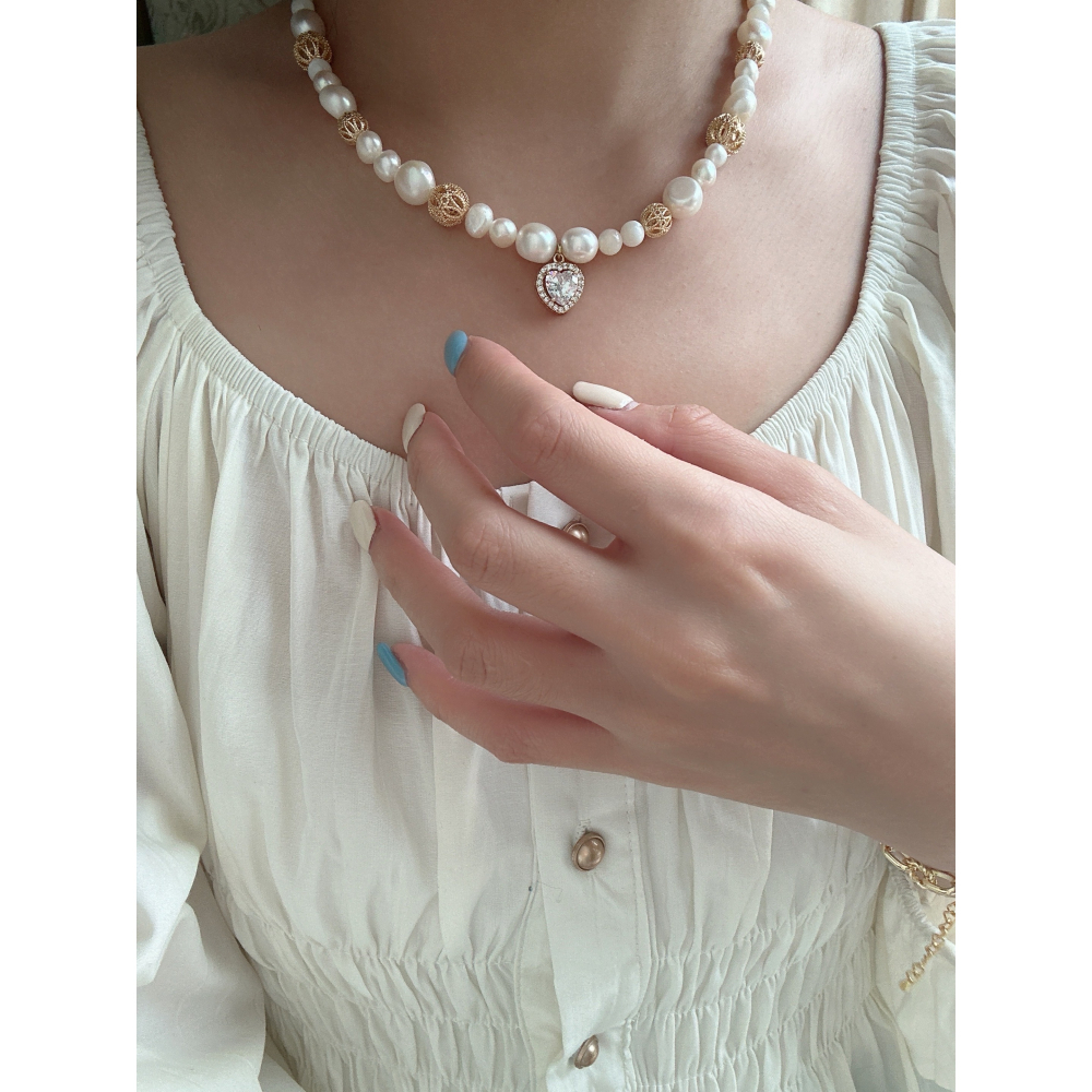 CAKE ACC 愛心鋯石珍珠項鍊-細節圖2