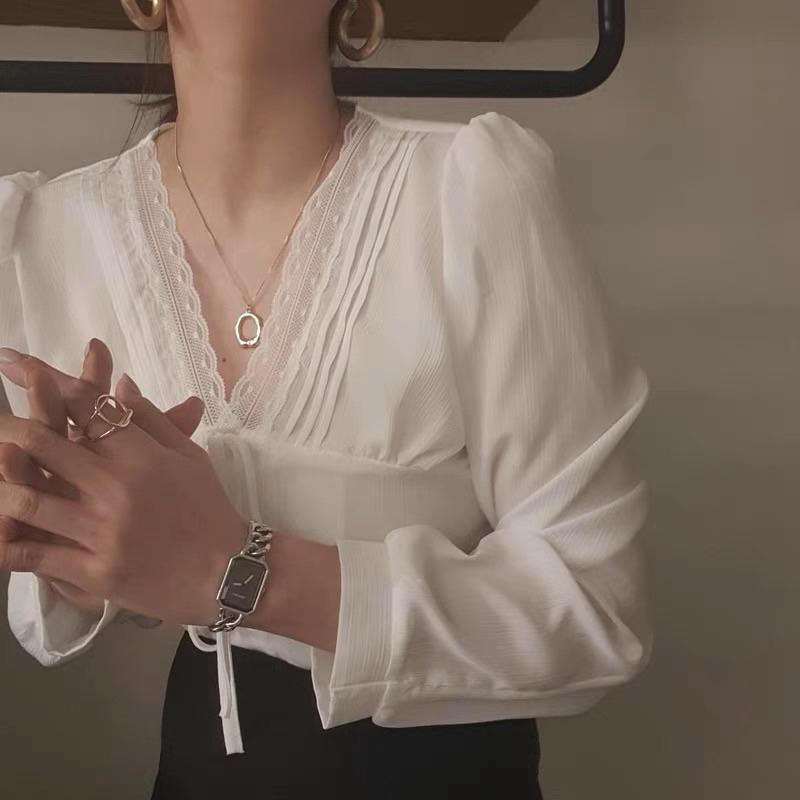 𝐄＇𝐧𝐞𝐬 🇰🇷｜維納斯女神𝒈𝒐𝒅𝒅𝒆𝒔𝒔 𝒗𝒆𝒏𝒖𝒔｜法式白色蕾絲雪紡上衣-細節圖2