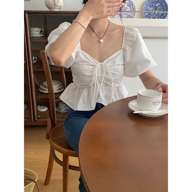 E’nes 🇰🇷 Gardenia 甜美純色褶皺收腰上衣-細節圖2