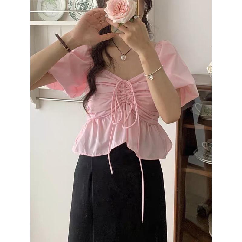 E’nes 🇰🇷 Gardenia 甜美純色褶皺收腰上衣-細節圖3