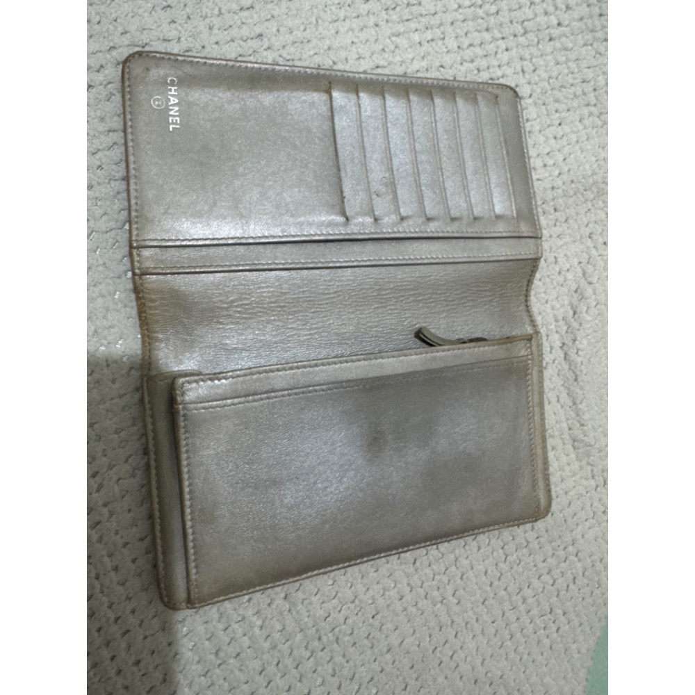 中古二手Chanel黑色山茶花皮革銀錢包手拿袋長夾卡套-細節圖3