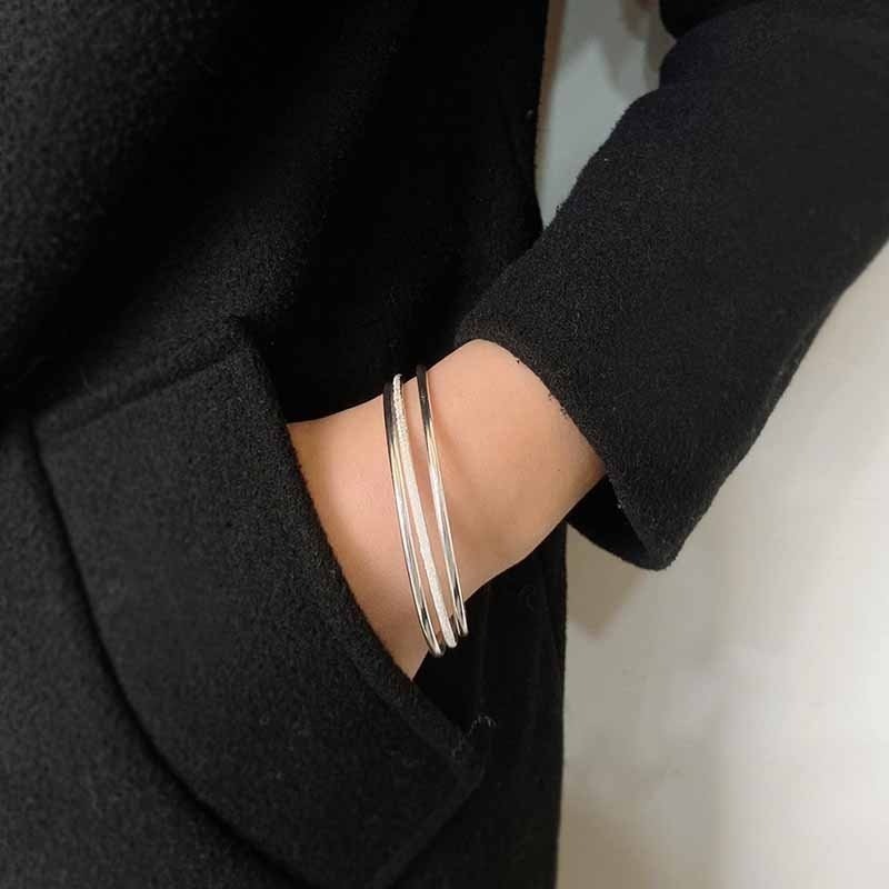 DUDOJIU♡｜💎S925銀 三環素面噴砂銀手環 60mm 純銀 銀飾品-細節圖3
