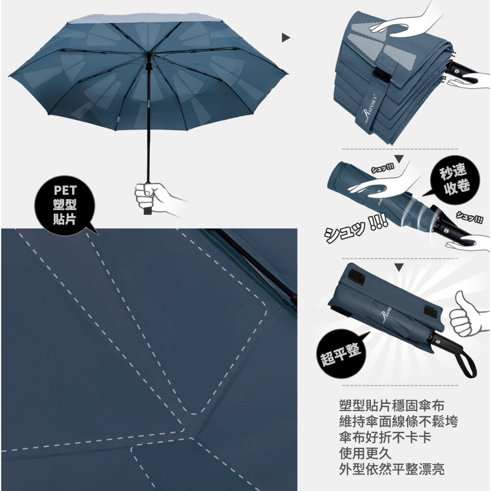 【傘亮亮雨傘】RainSky記憶秒收機能傘 3秒瞬收  記憶貼片傘 自動傘 摺疊傘 雨傘 陽傘 防風傘 折疊傘 抗UV傘-細節圖4