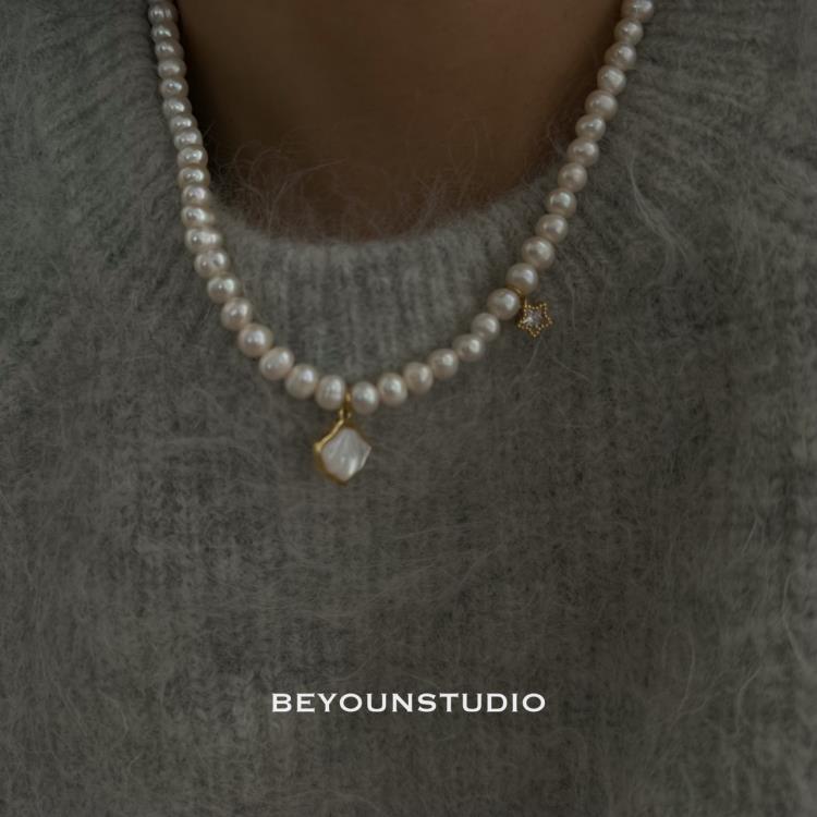 天然淡水珍珠貝殼星星溫柔項鍊女氣質潮流高級感鎖骨鍊518-細節圖2