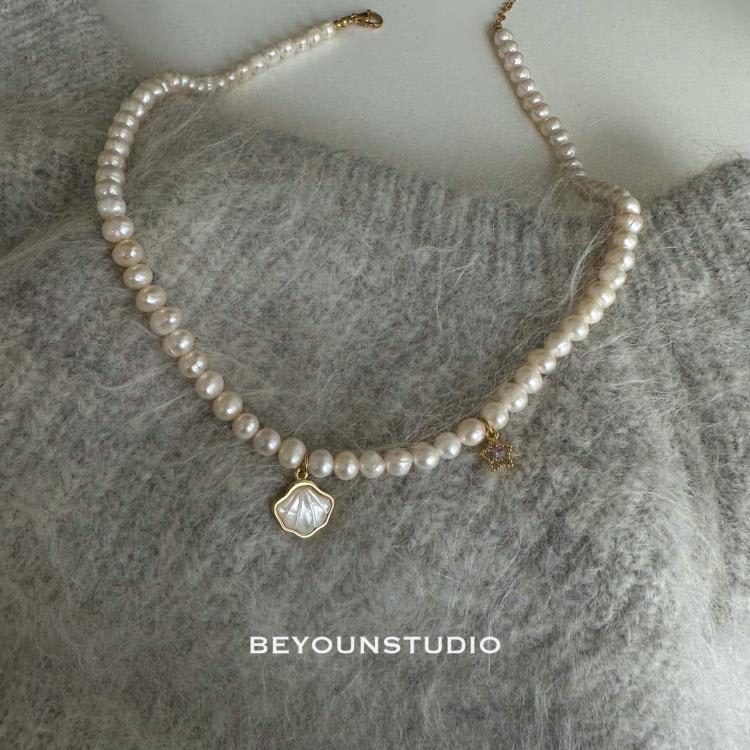 天然淡水珍珠貝殼星星溫柔項鍊女氣質潮流高級感鎖骨鍊518-細節圖3