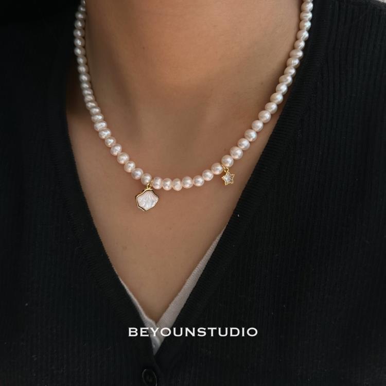 天然淡水珍珠貝殼星星溫柔項鍊女氣質潮流高級感鎖骨鍊518-細節圖4