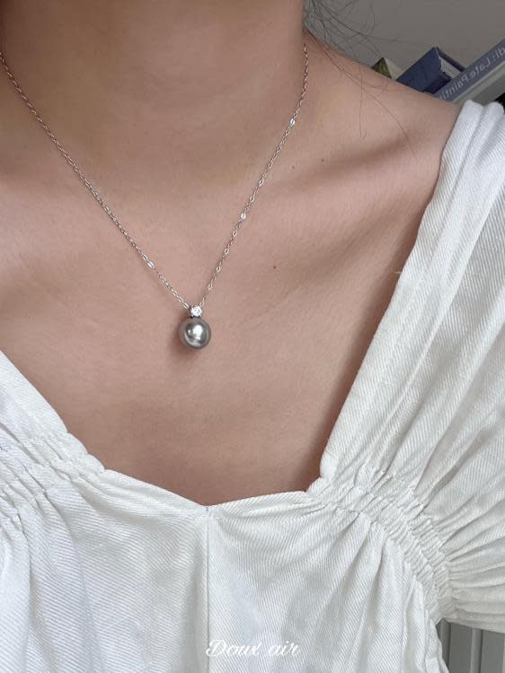 通體純銀灰珍珠項鍊鑲嵌鋯石單顆吊墜正圓施家水晶時尚通勤鎖骨鍊-細節圖2