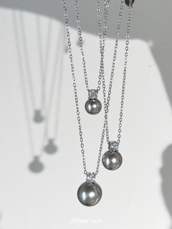 通體純銀灰珍珠項鍊鑲嵌鋯石單顆吊墜正圓施家水晶時尚通勤鎖骨鍊-細節圖4