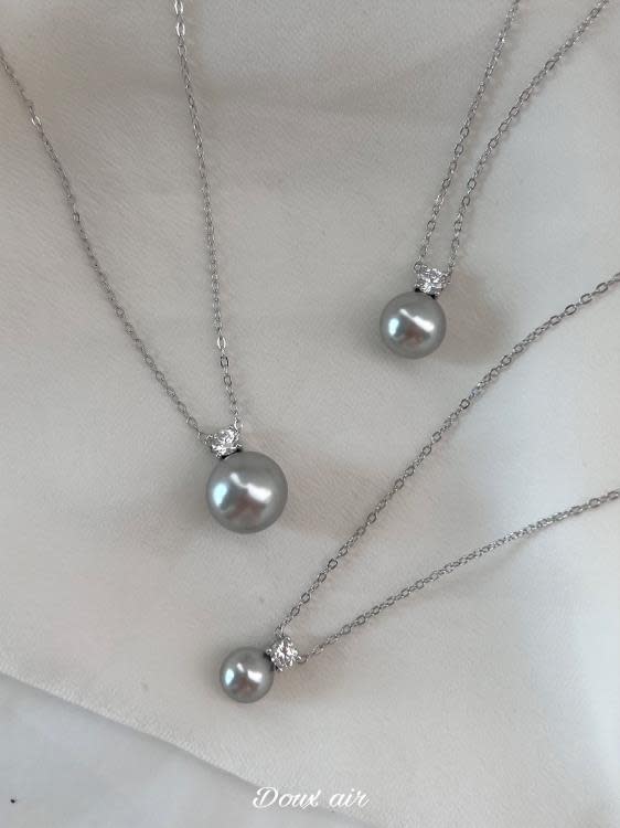 通體純銀灰珍珠項鍊鑲嵌鋯石單顆吊墜正圓施家水晶時尚通勤鎖骨鍊-細節圖5