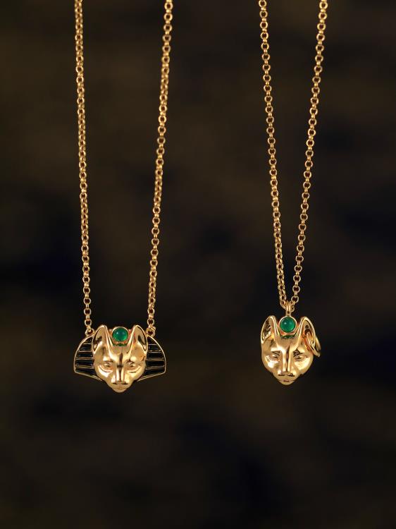 《埃及貓》原創設計復古風高級感小眾宮廷綠瑪瑙純銀鎖骨頸項鍊女-細節圖3