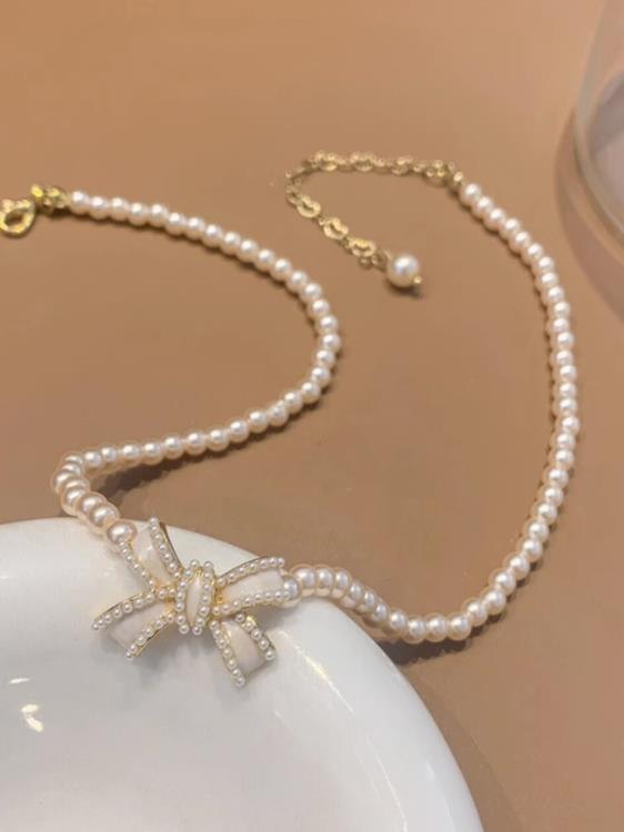 法式優雅珍珠項鍊輕奢簡約氣質短款鎖骨鍊蝴蝶結頸鍊-細節圖2