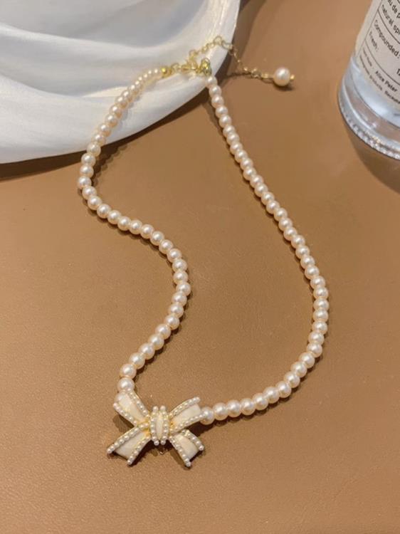 法式優雅珍珠項鍊輕奢簡約氣質短款鎖骨鍊蝴蝶結頸鍊-細節圖4