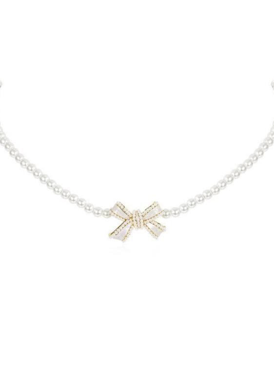 法式優雅珍珠項鍊輕奢簡約氣質短款鎖骨鍊蝴蝶結頸鍊-細節圖5