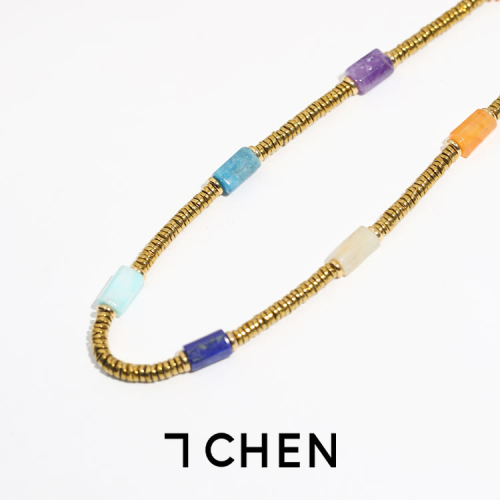 歐美彩色寶石項鍊金屬隔片拼接串珠頸鍊個性時尚飾品鎖骨鍊