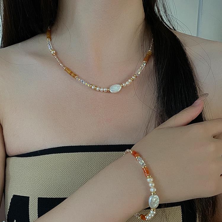 珍珠項鍊紅色天然石串珠頸鍊女新款爆款氣質復古高級感鎖骨鍊-細節圖2