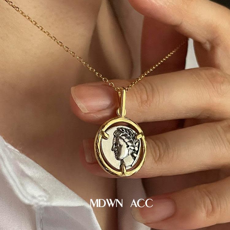 925純銀鍍金鑲嵌古幣款式項鍊女 時尚個性歐美潮流街頭疊搭鎖骨鍊-細節圖2