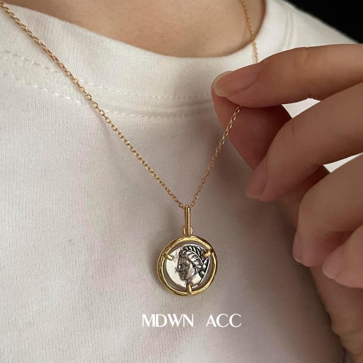 925純銀鍍金鑲嵌古幣款式項鍊女 時尚個性歐美潮流街頭疊搭鎖骨鍊-細節圖3