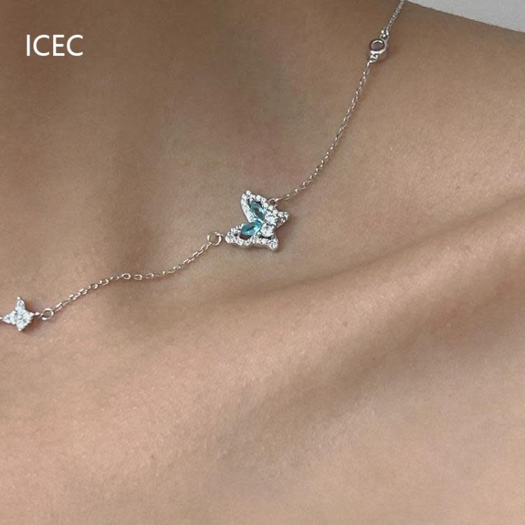 法式冰心藍蝴蝶設計師項鍊小眾設計簡約清冷感S925純銀甜酷鎖骨鍊-細節圖2